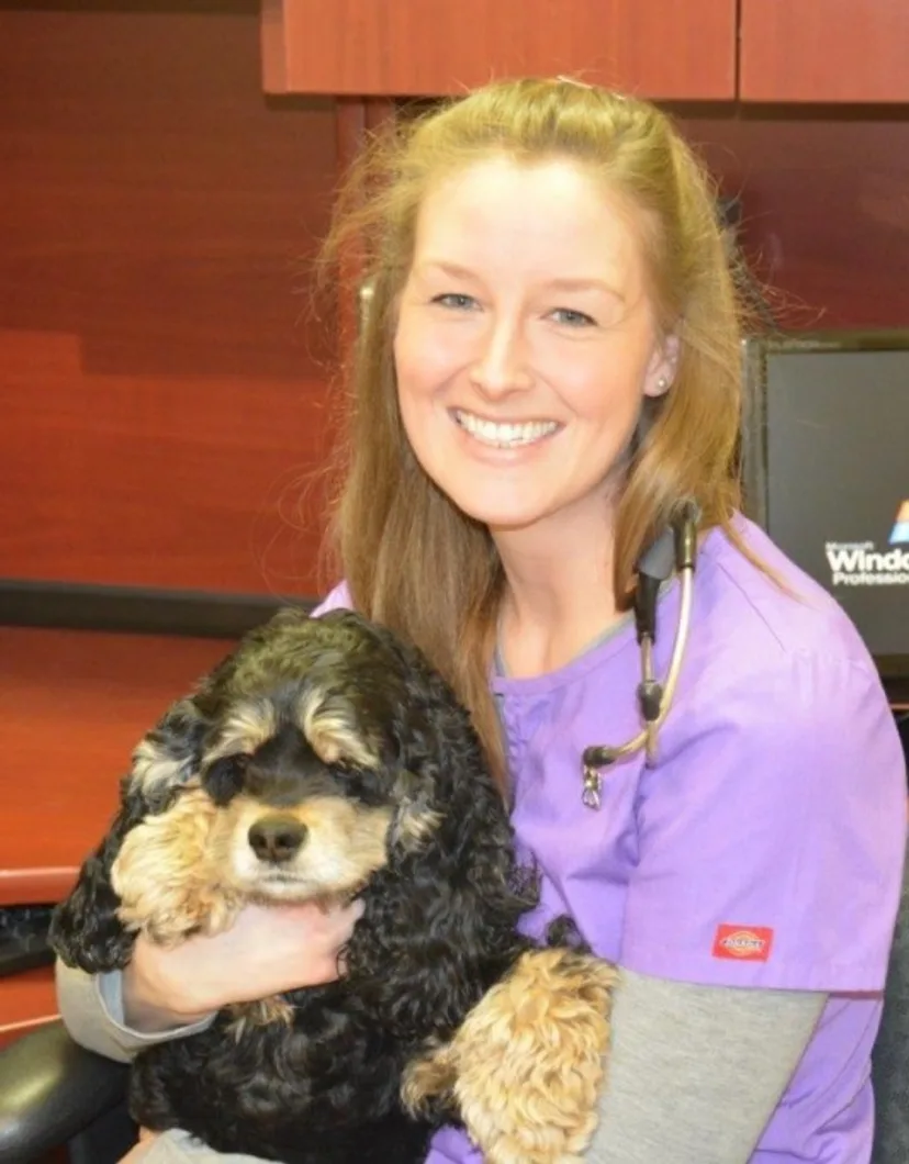 Dr. Kate Kelly, doctor at Three Islands Veterinary Services, holding a black dog